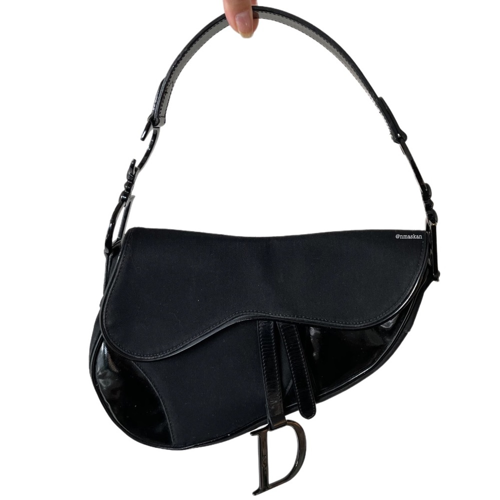 Authentic Christian Dior Patent Leather Saddle Black Shoulder Bag